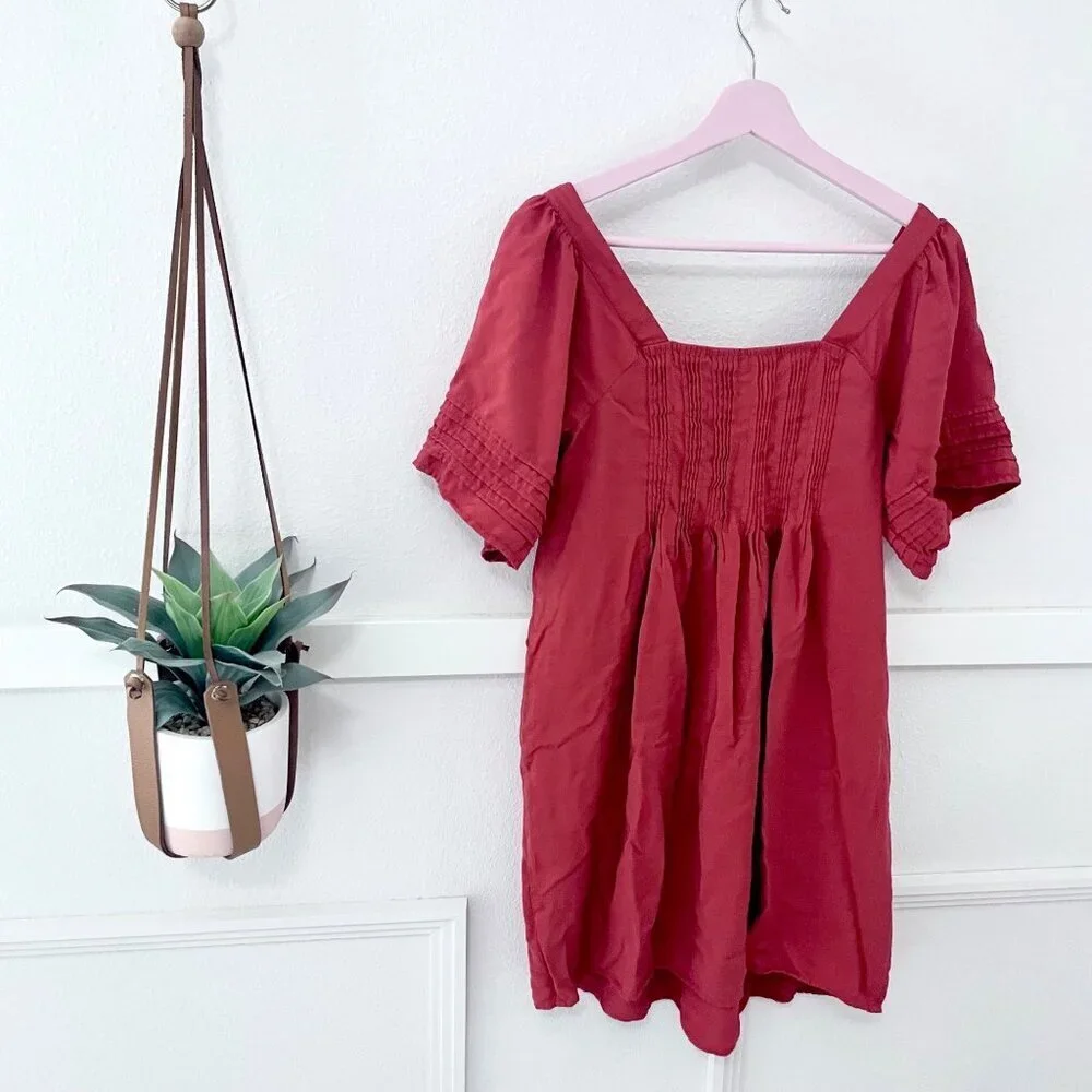 Madewell Pintuck Pleat Square Neck Minidress in Etruscan Clay Red Size M NP113